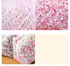 Macro shot of quilted floral cosmetic bag featuring premium fabric and fine stitching