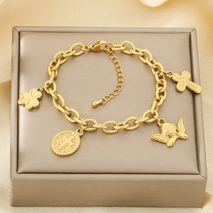 Retro 18K gold plated stainless steel chunky chain bracelet with angel and heart charms