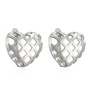 Minimalist silver hollow heart earrings with intricate mesh texture on white background
