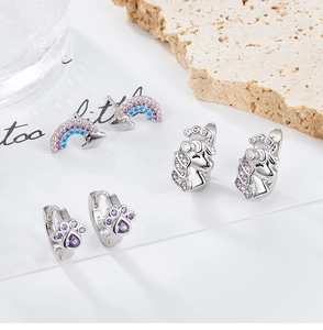 Detailed S925 silver earring set with colorful zircon rainbow and unicorn charms