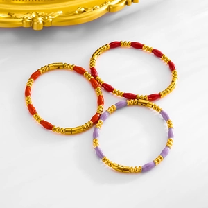 Minimalist beaded stainless steel bracelets with colorful enamel tubes in gold finish
