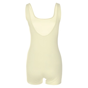 Detail of light yellow sleeveless bodysuit featuring a deep U-shaped backless design