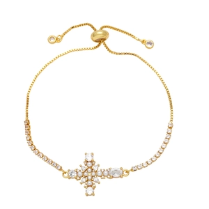 Gold cross bracelet with white pearls and sparkling cubic zirconia on box chain