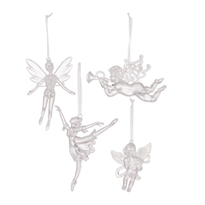 Set of 4 clear acrylic Christmas ornaments featuring angels, cupids and ballet girls