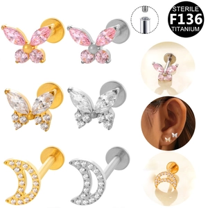 F136 Titanium Butterfly Moon Labret Lip Piercing Stud Internal Thread Cubic Zirconia Flat Back Ear Cartilage Jewelry