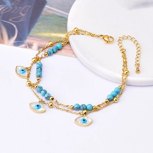 Double-layer gold titanium anklet with blue turquoise beads and evil eye charms