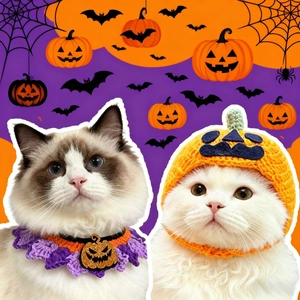 Halloween pumpkin pet neckerchief and crochet hat set for cats and dogs festive costumes