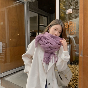 Close-up of soft violet cashmere scarf with fringe details worn with a beige wool coat