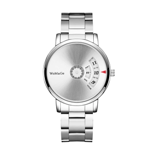 Detailed close-up of a silver steel watch with creative rotating dial and radial texture