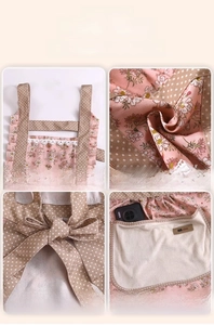 Detail view of cotton floral apron with wide straps and large absorbent hand-wipe pocket
