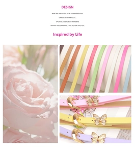 Detail of colorful macaron leather belts with elegant golden butterfly buckles for women
