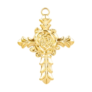 Golden 18k plated stainless steel cross pendant featuring an intricate rose carving