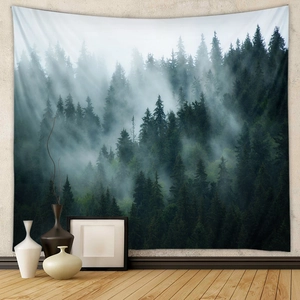 Detail of forest tapestry showing dense evergreen trees and morning mist texture