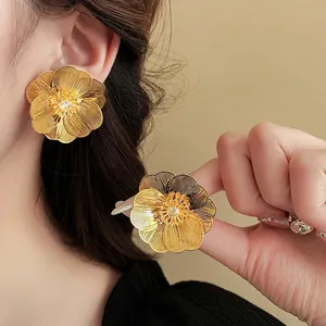 Hollow Flower Stud Earrings Copper With Zircon And Silver Earring Post Retro Elegant Style For Women