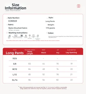 Size chart for yoga leggings showing waist, hip, and length measurements in centimeters