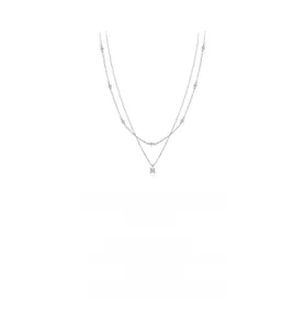 Detail of elegant double-layer 925 silver necklace with cubic zirconia pendants