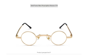 Front view of retro small round sunglasses with gold metal frame and clear lenses C10