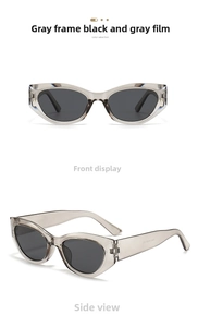 Detailed front and side view of cat eye sunglasses with grey frame and dark lenses