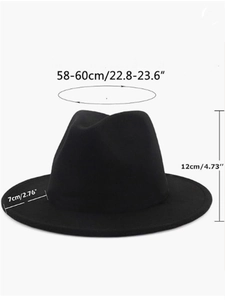 Detailed dimension guide for black wool felt fedora with hat height and brim measurements