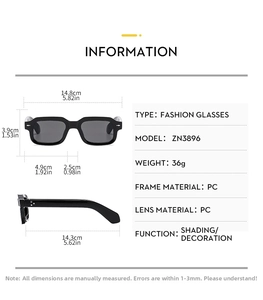Detailed size chart for retro square arrow sunglasses with full frame measurements