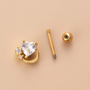 Gold stainless steel heart zircon tragus piercing with screw ball back closure
