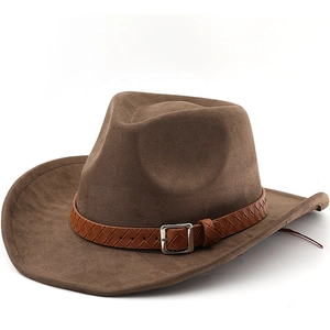 Vintage Western Cowboy Hat Faux Suede Wide Brim Fedora Jazz Hats With Woven Leather Belt Buckle For Men Women