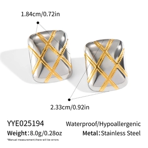 Detail view of square two-tone stainless steel earrings with gold grid texture and dimensions