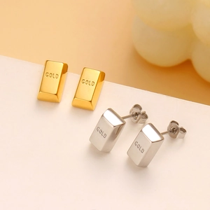 Elegant gold and silver titanium steel mini bar stud earrings with GOLD engraving