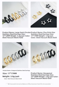 Size chart for geometric stainless steel earrings with weight and dimension details