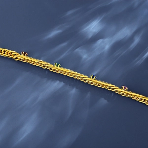 Gold stainless steel twisted chain bracelet with colorful round zircon stones