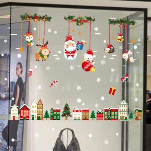 Christmas window static stickers featuring Santa, reindeer, and snowflakes for glass decor