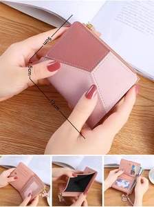 Pink patchwork bifold wallet detail showing card slots, coin pocket and dimensions