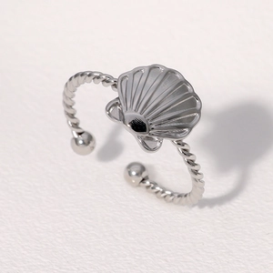 Silver shell-shaped stainless steel ring with twisted rope texture and adjustable band