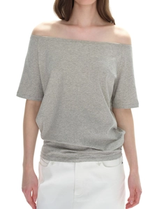 Grey off-shoulder short sleeve T-shirt with a loose minimalist design for women