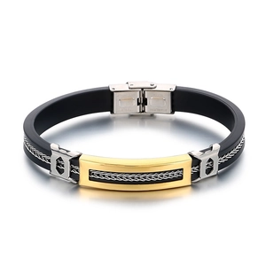 Men's adjustable black silicone and gold stainless steel bracelet with steel wire detail