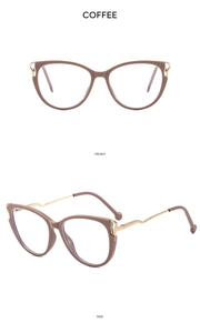 Detailed front and side view of coffee cat-eye glasses frames with gold wavy temples