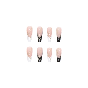 French tip long coffin press on nails with gold glitter geometric lines on nude base