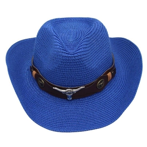 Close-up of blue straw cowboy hat featuring a brown leather band and silver bull head detail