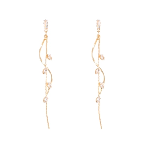 Elegant gold long tassel earrings with spiral metal lines and marquise zircon stones