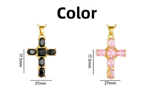 Detail of cross pendants with black and pink gemstones in gold setting with dimensions