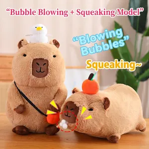 Capybara Plush Toy Soft Stuffed Animal With Bird And Orange Bag Squeaky Interactive Bubble Blowing Doll Gift For Kids