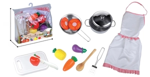 Detailed close-up of kids chef apron set including mini pots and wooden utensils