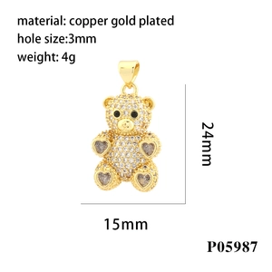 Copper gold plated bear pendant with colorful zircon and heart details 24mm size