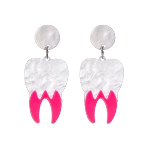 Gothic acrylic fangs earrings featuring silver textured crown and bright pink roots