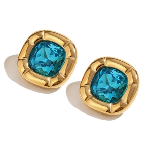 Vintage 18K gold plated square stud earrings with blue zircon and textured metal
