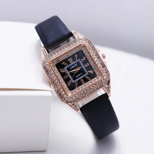 Elegant Women Quartz Watch Square Rhinestone Inlay Alloy Case PU Leather Strap Arabic Numerals Fashion Analog Wristwatch