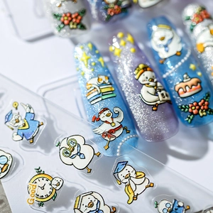3D embossed cartoon duck nail stickers with academic and sports patterns on blue base