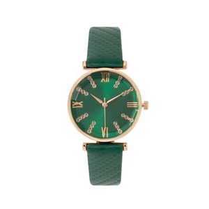 Elegant ladies quartz watch with peacock green dial and rose gold case on white background