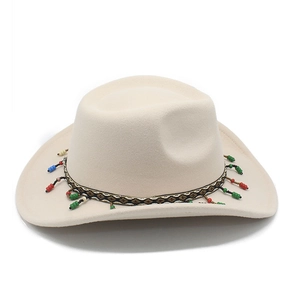 Detail of western wool hat with colorful ethnic beaded band and geometric webbing