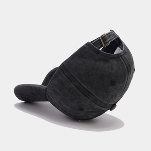 Detailed back view of charcoal washed cotton baseball cap with adjustable metal buckle strap
